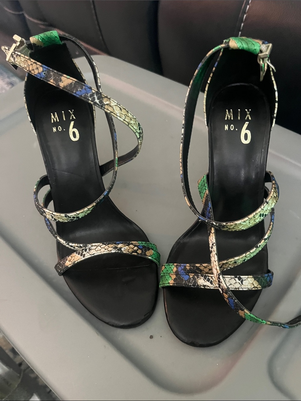 Mix No. 6 Black Sandal with Green, Blue and Tan Snakeprint Straps